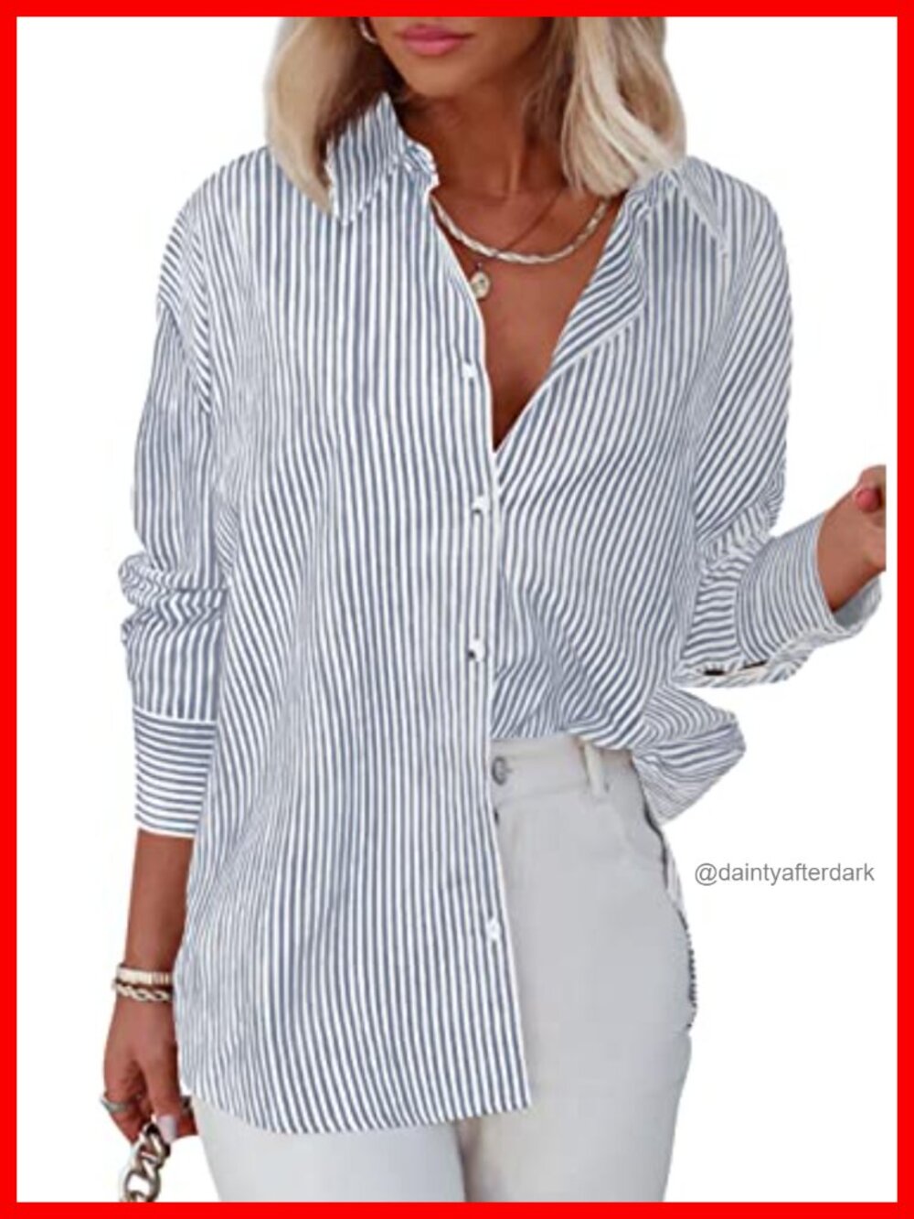 Striped Button Down Shirt V-Neck Long Sleeve Office Work Blouse